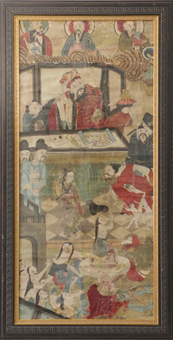 CHINESE 'KING OF HELL' TEMPLE SCROLL PAINTING: Antique Chinese Buddhist Temple Scroll painting believed to depict Taesan or one of the ten Kings of Hell presiding over hell and passing judgements on the dead. Measures 49 3/4" x 22 1/2" + 3 1/4"