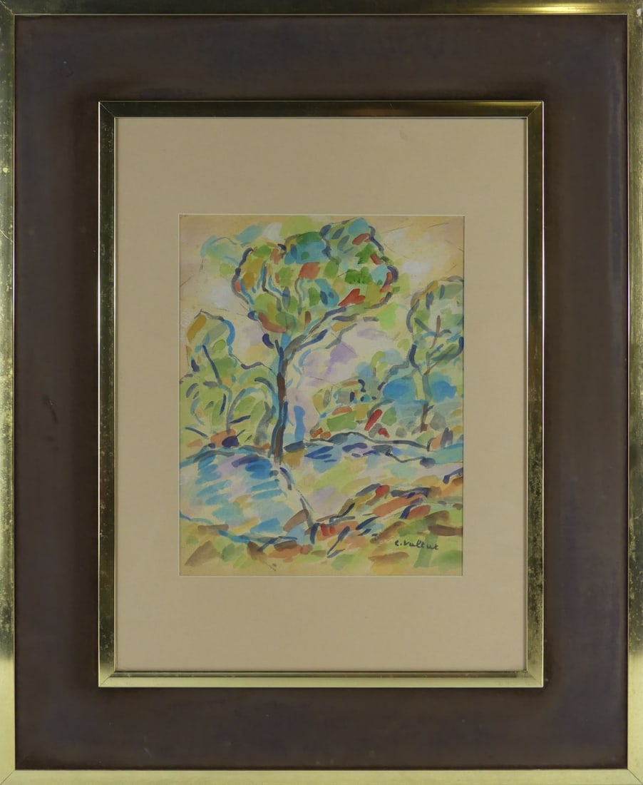 LOUIS VALTAT LANDSCAPE WATERCOLOR ON PAPER: Watercolor on paper depicting a landscape attributed to Louis Valtat (French, 1869-1952). Signed lower right. Viewable measures 10 1/4" x 8 1/8". Frame measures 23" x 19" x 1 1/2".