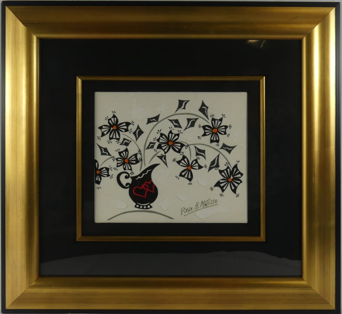 PIERRE MATISSE 'PITCHER PEFECT' MIXED MEDIA: Pierre Henri Matisse 'Pitcher Perfect' mixed media on paper. Hand signed lower left. Viewable measures 12" x 10 1/2". Frame measures 27" x 25 1/2".