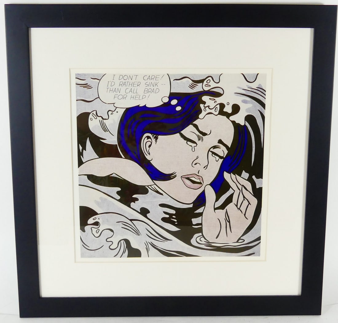 ROY LICHTENSTEIN 'I DON'T CARE!' OFFSET LITHOGRAPH: Roy Lichtenstein offset lithograph depicting a drowning woman. "I don't care! I'd rather sink than call Brad for help!". Measures 11 3/4" x 11 3/4" + 3 1/2" mat & frame.