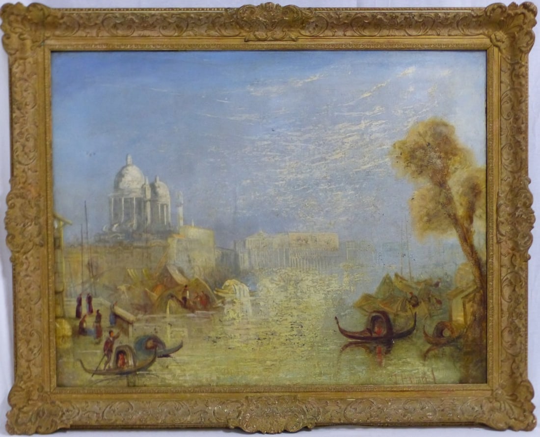JAMES HOLLAND VENETIAN CANAL OIL ON CANVAS: James Holland (British, 1799-1870) oil painting on canvas depicting a Venetian canal scene. Signed lower right. Measures 35 1/4" (89.5cm) x 27 1/2' (69.8cm) + 3 1/2" (8.8cm) frame.