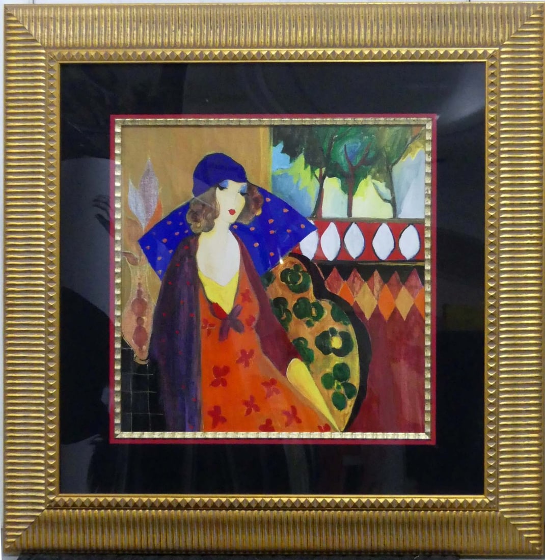 ITZCHAK TARKAY INDIGO CHAPEAU SERIOLITHOGRAPH: Itzchak Tarkay (1935-2012) 'Indigo Chapeau' seriolithograph. Sight size 24 1/2" x 24". Frame measures 44 1/4" x 44 1/4" x 1 1/2".