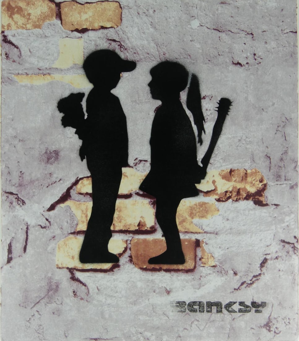 BANKSY 'BOY & GIRL' STENCIL ON CARDBOARD: Stencil painting depicting a boy and girl on giclee of a brick wall attributed to Banksy. Signed lower right. Documentation and stamps to verso. Measures 13 3/8" x 11 3/8".