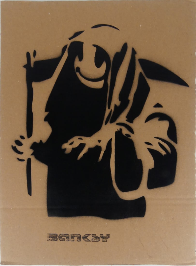 BANKSY 'SMILEY GRIM REAPER' STENCIL ON CARDBOARD (1 of 7)