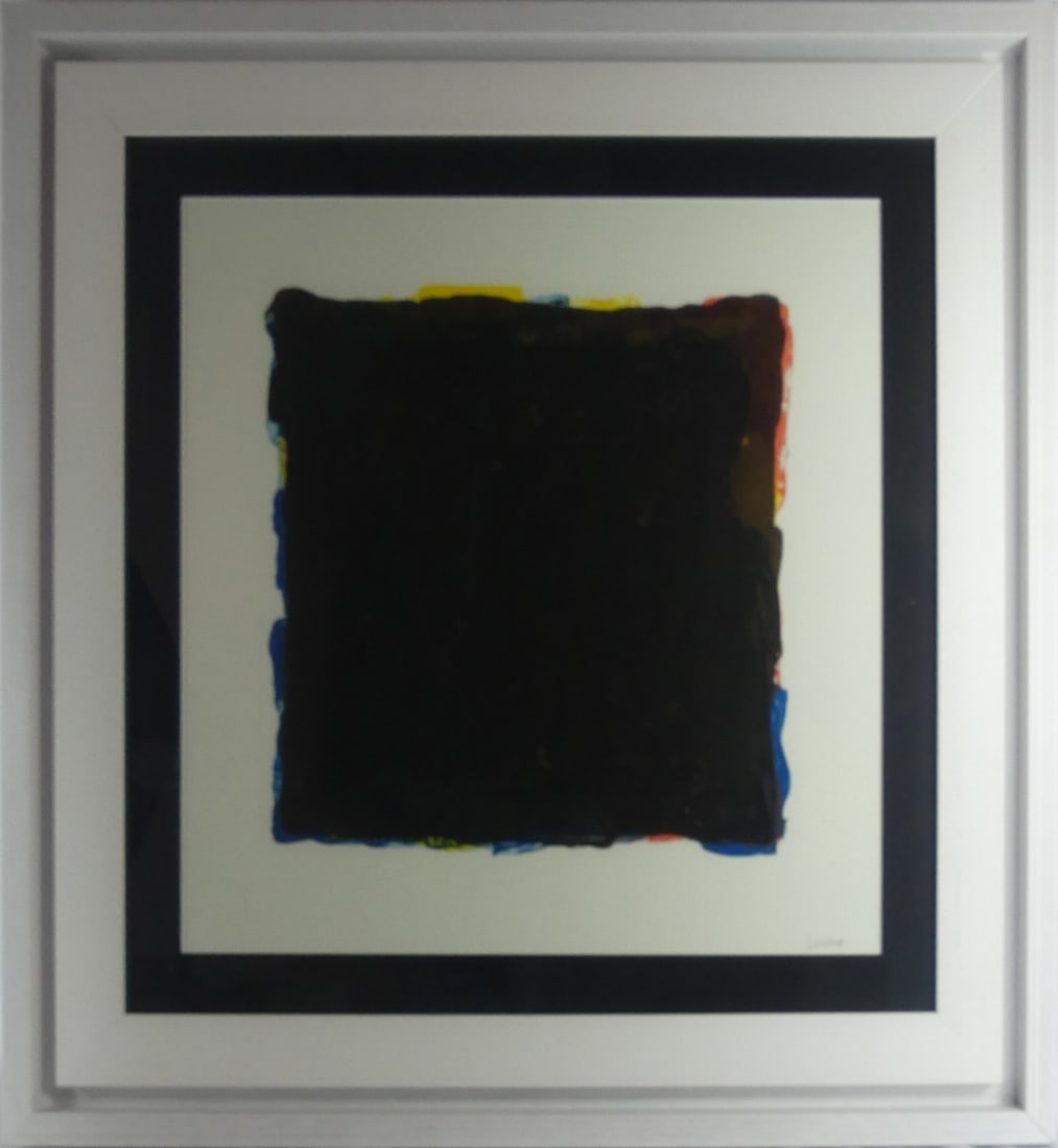 SOL LEWITT 'BLACK OVER COLORS': Sol Lewitt 'Black Over Colors' print in colors on wove paper. Pencil signed lower right. Viewable measures 19 3/4" x 19 3/4". Frame measures 30" x 30" x 1 1/2".