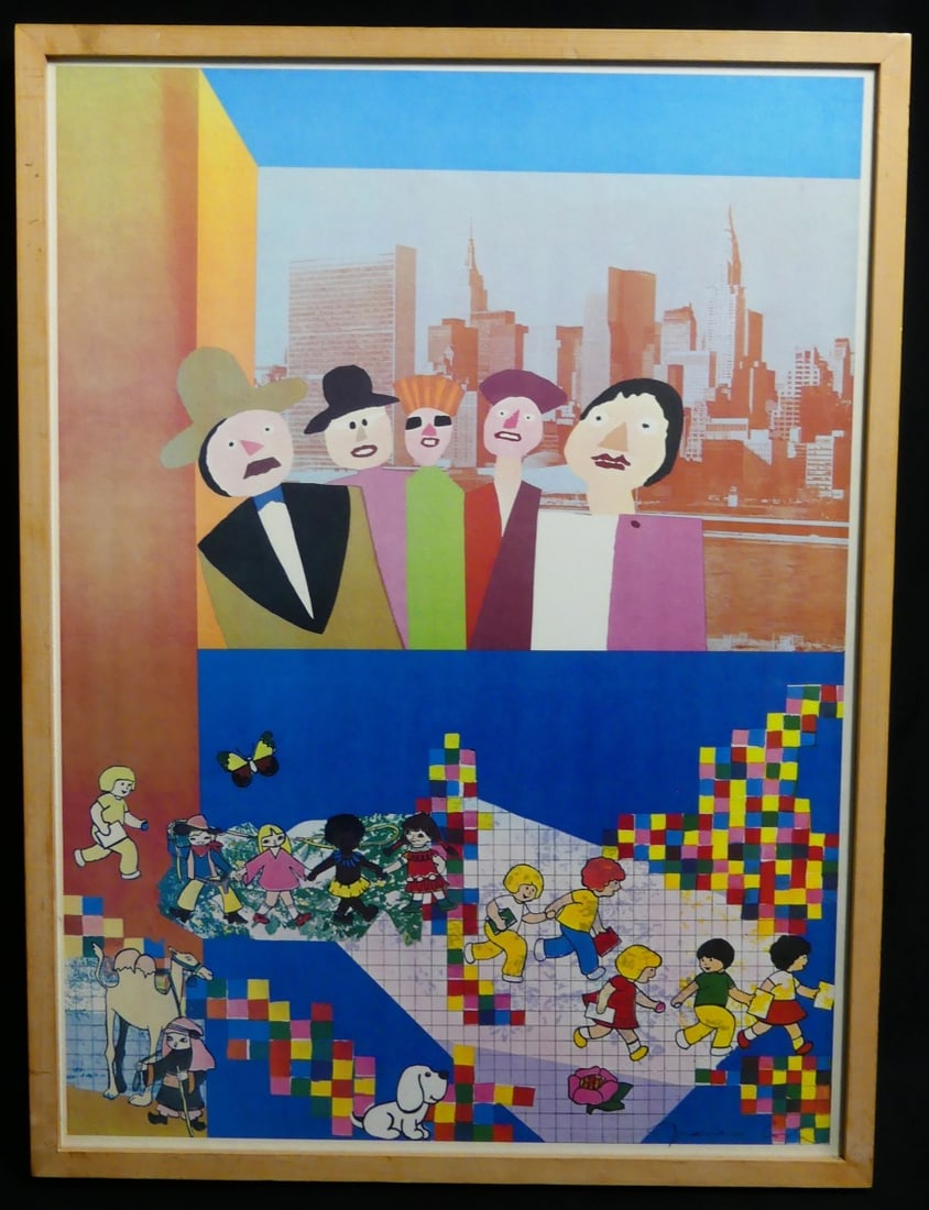 FRANCO COSTA 'NEW YORK CITY' SERIGRAPH SIGNED: Franco Costa (Italian, 1934-2015) serigraph depicting five figures in front of the New York City Skyline with children from around the world playing below. Pencil signed lower right. Measures 30" x 22