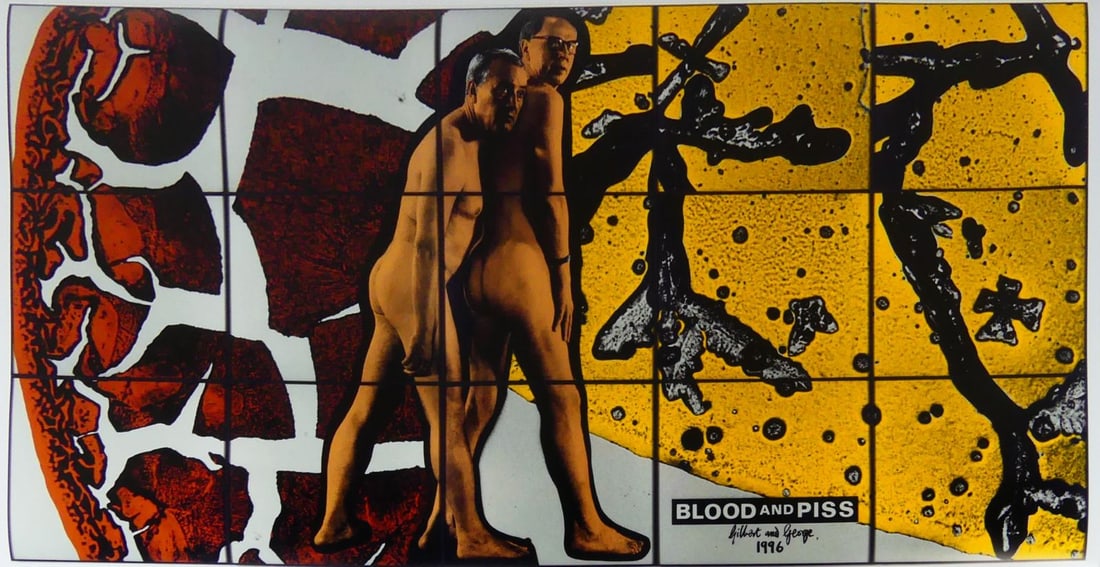 GILBERT & GEORGE 'BLOOD AND PISS' PRINT IN COLORS: Gilbert and George 'Blood and Piss' print in colors. Titled, signed and dated 1996 in the plate lower right. Sheet measures 44" x 22 1/4".