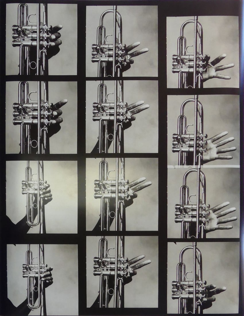 IRVING PENN 'MILES DAVIS' CONTACT SHEET: Irving Penn 'Miles Davis: Hand & Trumpet' contact sheet photo-litho. Sheet measures 40" x 31".