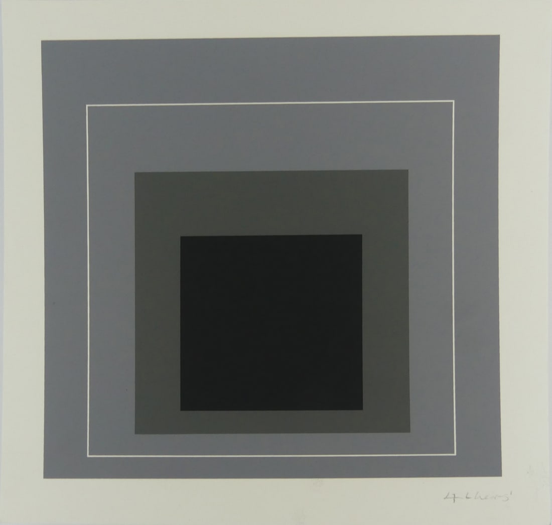 JOSEF ALBERS 'HOMAGE TO THE SQUARE' SIGNED: Josef Albers 'Homage to the Square' screenprint. Pencil signed lower right. Mounted to cardstock. Measures 10 1/2" x 10 1/2".