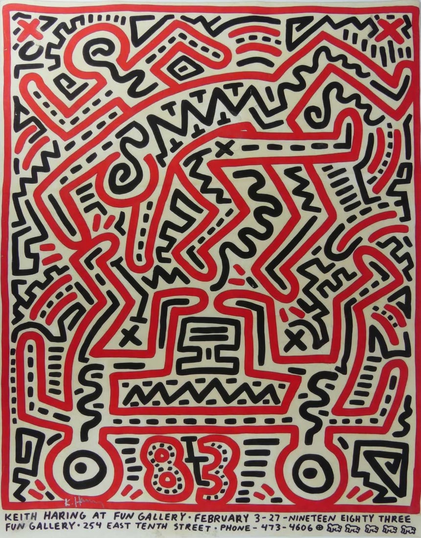 KEITH HARING SIGNED FUN GALLERY EXHIBITION POSTER: Keith Haring offset lithographic exhibition poster. Titled 'Keith Haring at Fun Gallery' New York, NY. Hand signed in silver marker lower left. Sheet measures 29" x 22 5/8".