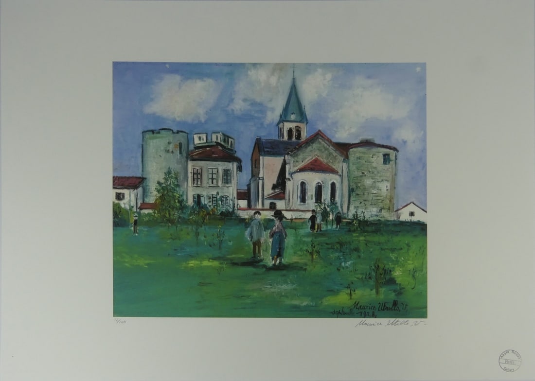 UTRILLO 'CHURCH OF AMBERIEUX-EN-DOMBES' LITHO: Maurice Utrillo 'Church of Amberieux-en-Dumbes' lithograph. Pencil signed and holds stamp lower right. Numbered in pencil 12/100 and holds blindstamp lower left. Sheet measures 27 5/8" x 19 5/8".