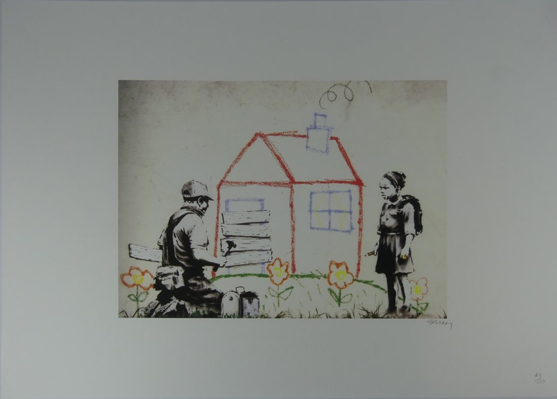 BANKSY 'PLAYHOUSE' LITHOGRAPH: Banksy 'Playhouse' lithograph. Signed and numbered in pencil 43/150 lower right. Holds blindstamps to lower edge. Sheet measures 27 5/8" x 19 5/8".
