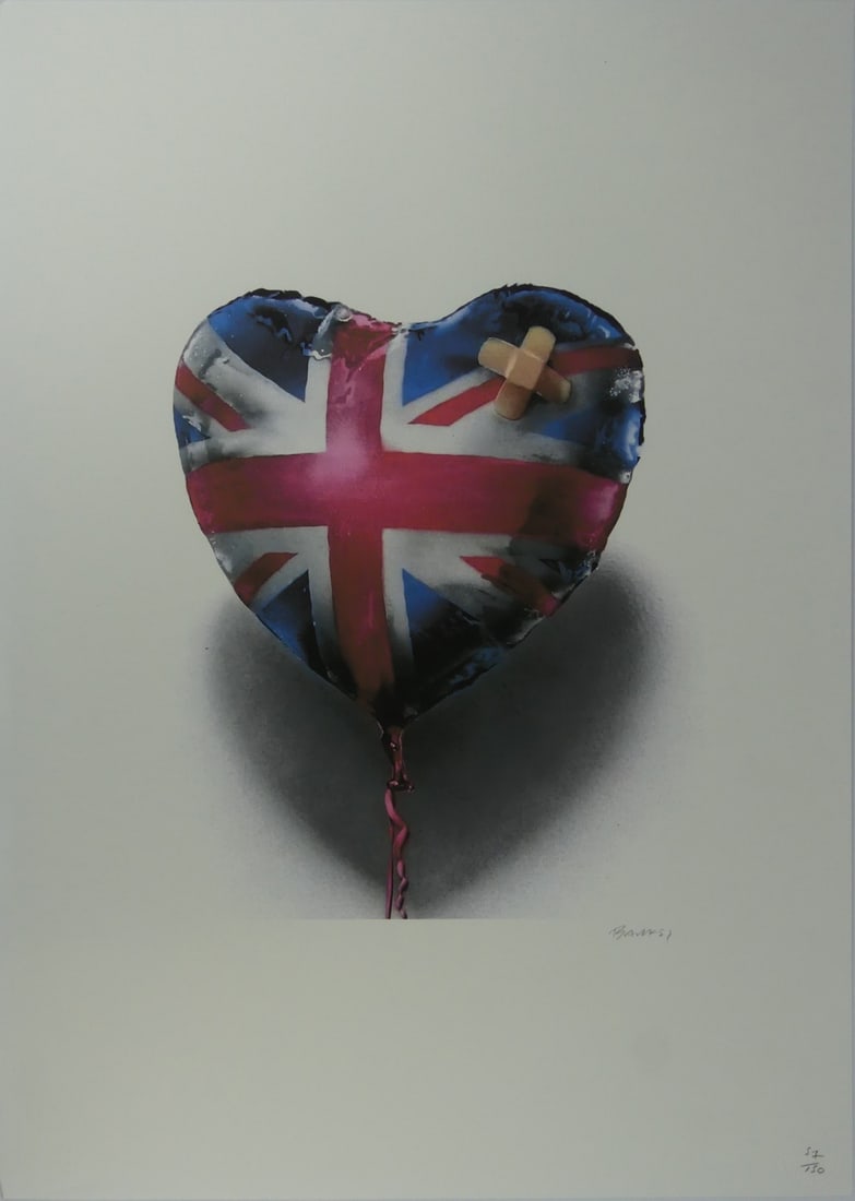 BANKSY 'UNION JACK BALLOON' LITHOGRAPH: Banksy 'Union Jack Balloon' lithograph. Signed and numbered in pencil 57/150 lower right. Holds blindstamps to lower edge. Sheet measures 27 5/8" x 19 3/4".