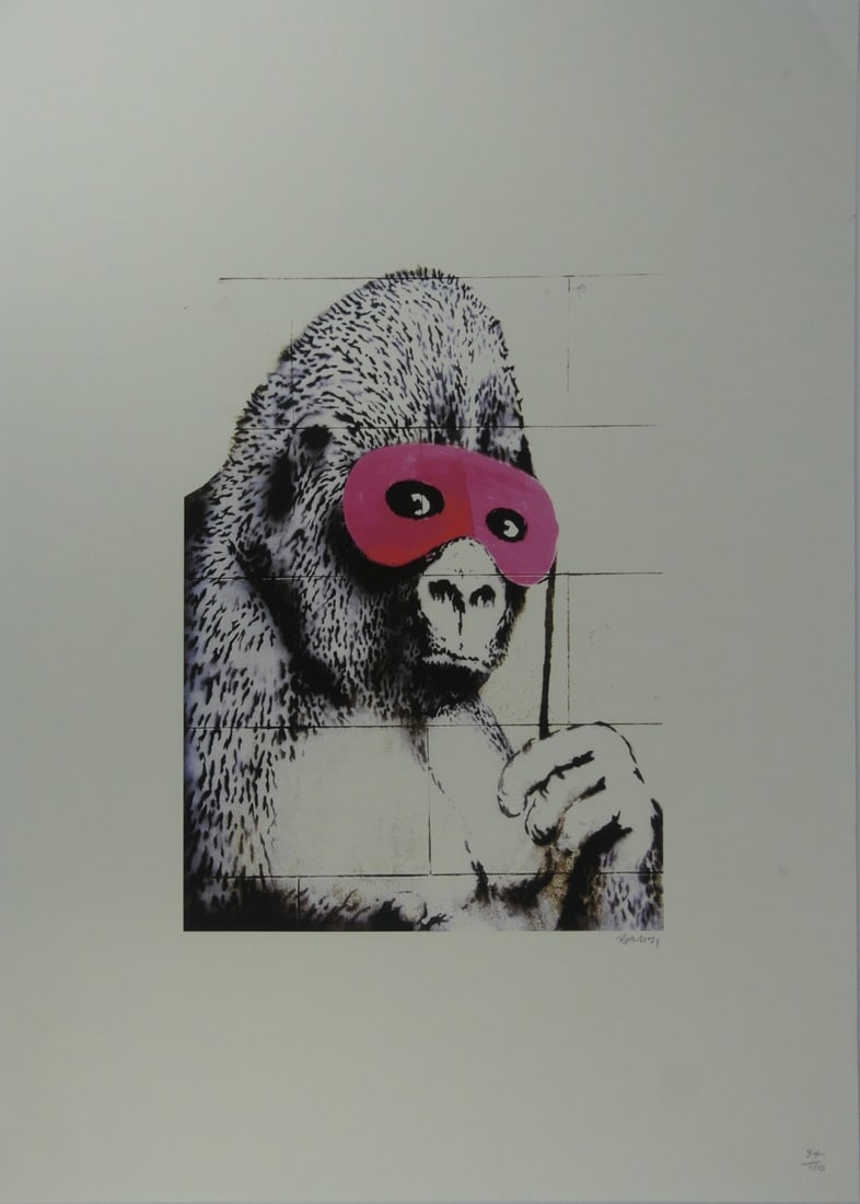BANKSY 'MASKED GORILLA' LITHOGRAPH: Banksy 'Masked Gorilla' lithograph. Signed and numbered in pencil 94/150 lower right. Holds blindstamps to lower edge. Sheet measures 27 5/8" x 19 3/4".