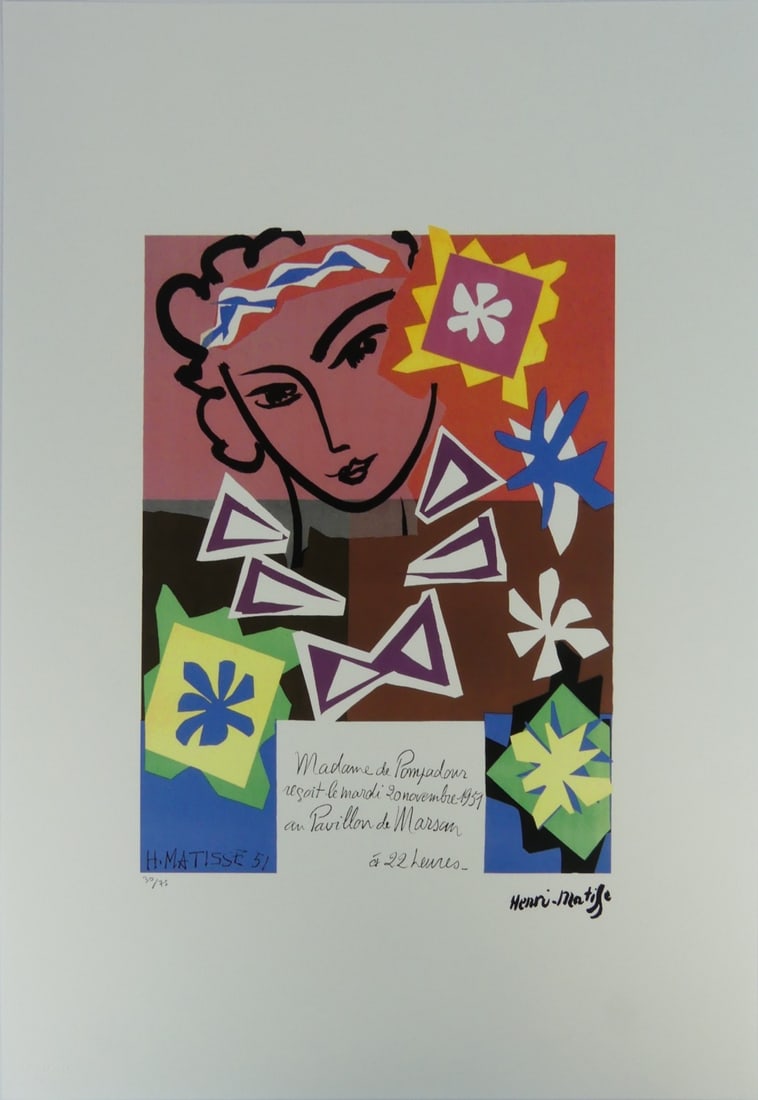 HENRI MATISSE 'MADAME DE POMPADOUR' LITHOGRAPH: Henri Matisse 'Madame De Pompadour' lithograph. Signed in the plate lower right. Numbered in pencil 30/75 and holds blindstamp lower left. Sheet measures 27 5/8" x 19 5/8".