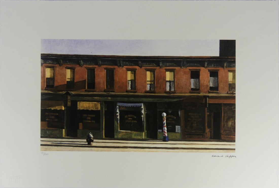 EDWARD HOPPER 'EARLY SUNDAY MORNING' LITHOGRAPH: Edward Hopper 'Early Sunday Morning' lithograph. Signed in the plate lower right. Numbered in pencil 131/150 and holds blindstamp lower left. Sheet measures 22 1/2" x 15".