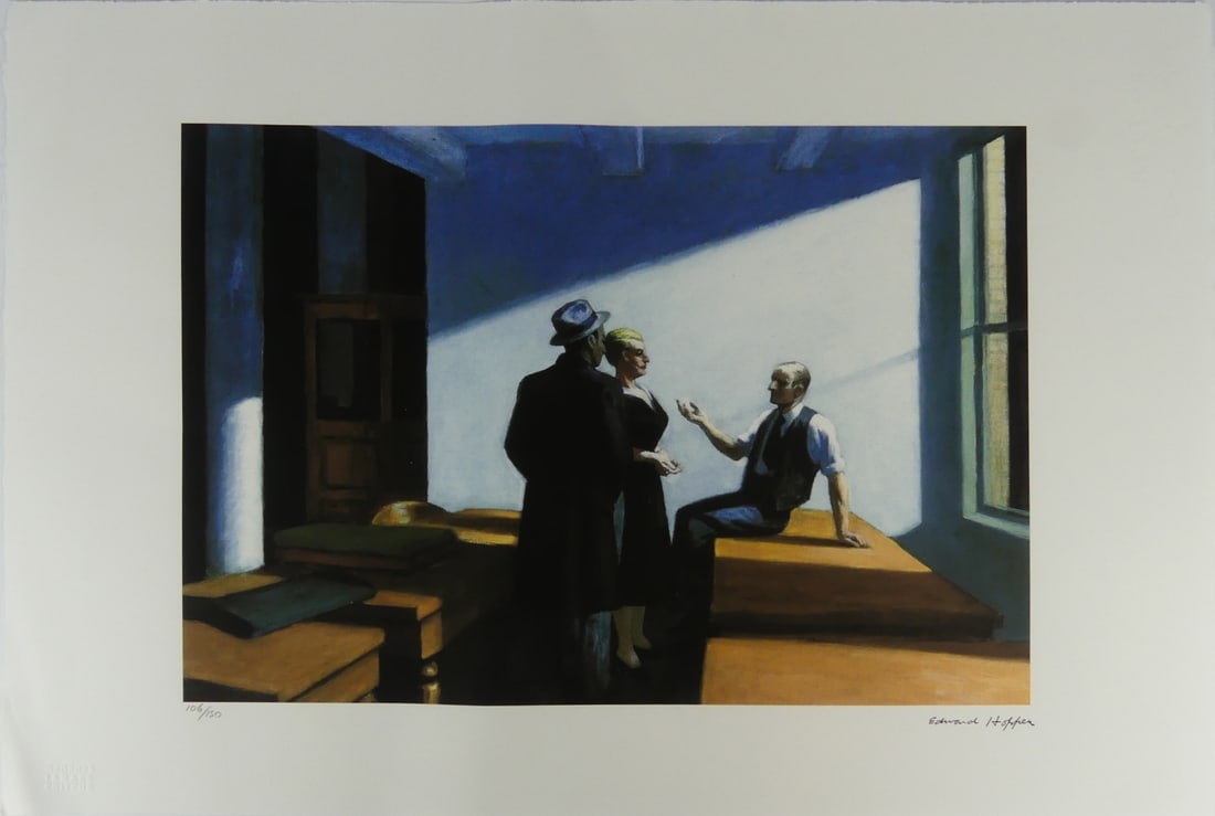 EDWARD HOPPER 'CONFERENCE AT NIGHT' LITHOGRAPH: Edward Hopper 'Conference at Night' lithograph. Signed in the plate lower right. Numbered in pencil 106/150 and holds blindstamp lower left. Sheet measures 22 1/2" x 15 1/8".