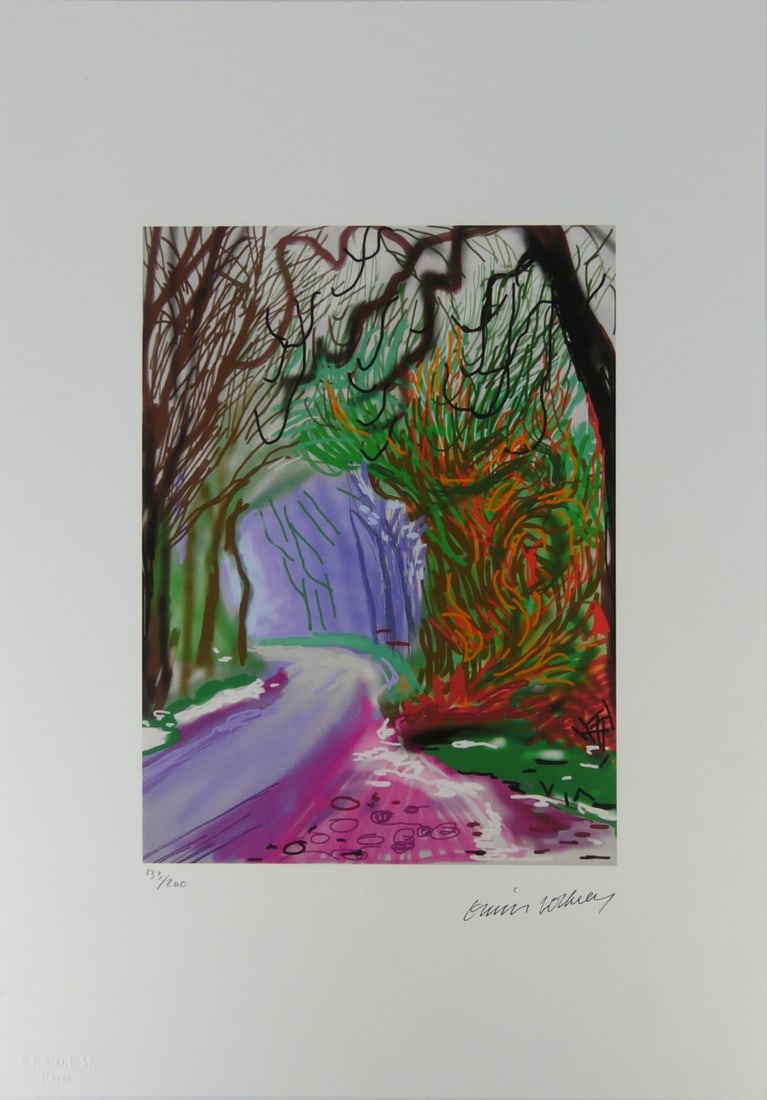 DAVID HOCKNEY 'ARRIVAL OF SPRING' LITHOGRAPH: David Hockney 'The Arrival of Spring in Woldgate, East Yorkshire' lithograph. Signed in plate lower right. Numbered in pencil 133/200 and holds blindstamp lower left. Sheet measures 19 5/8" x 13 3/4".