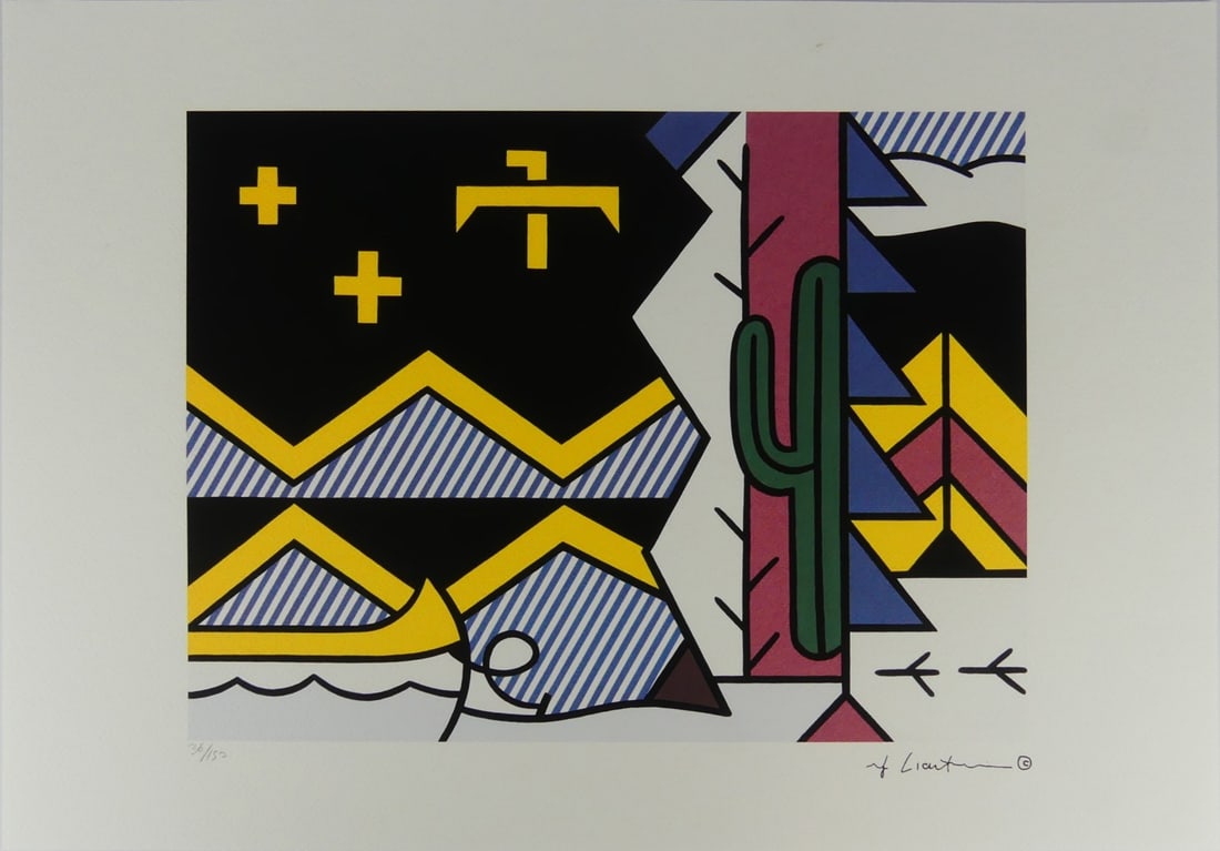 ROY LICHTENSTEIN 'DESERT LANDSCAPE' LITHOGRAPH: Roy Lichtenstein 'Desert Landscape' lithograph. Signed in the plate lower right. Numbered in pencil 36/150 lower left. Holds blindstamp lower edge, stamped to verso. Sheet measures 19 5/8" x 13 3/4".