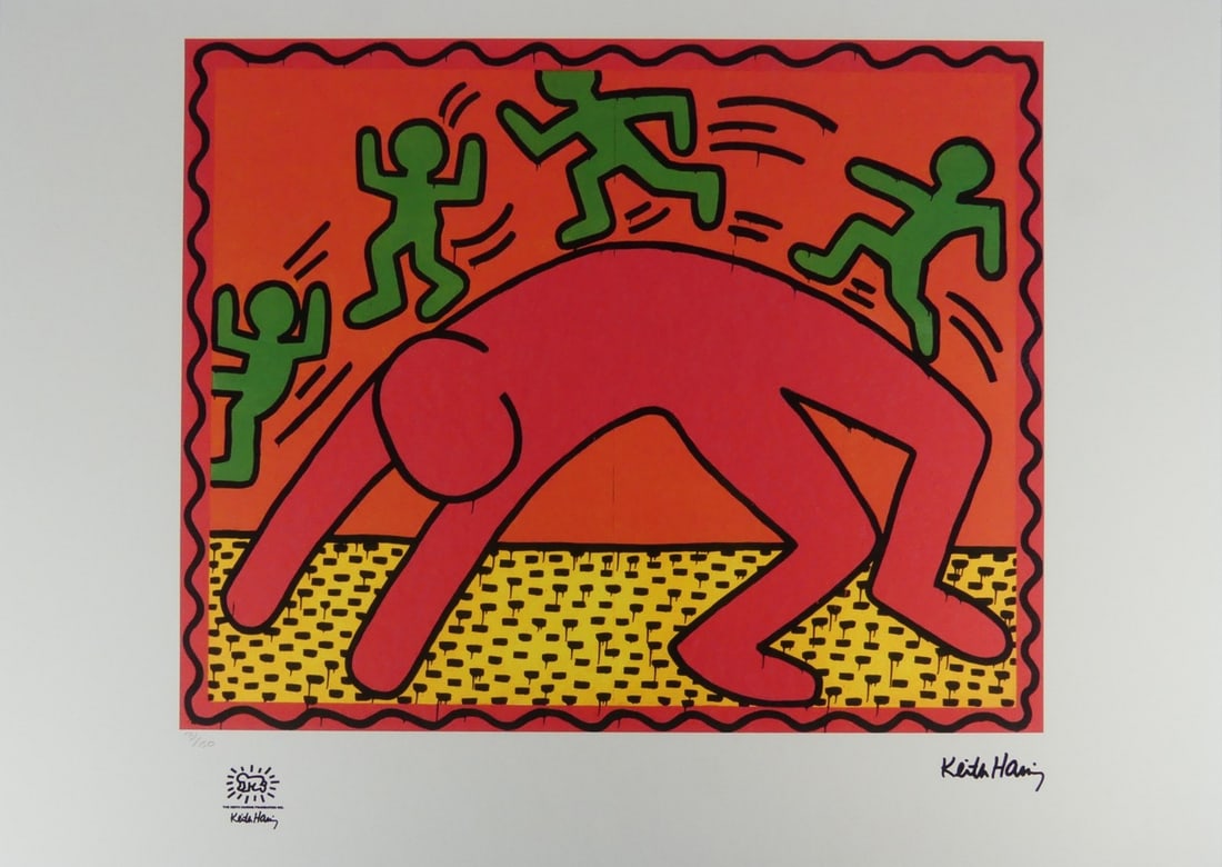 KEITH HARING 'BENDING OVER BACKWARDS' LITHOGRAPH: Keith Haring 'Bending Over Backwards' lithograph. Signed in the plate lower right. Numbered in pencil 31/150 and holds blindstamp lower left. Sheet measures 27 5/8" x 19 5/8".