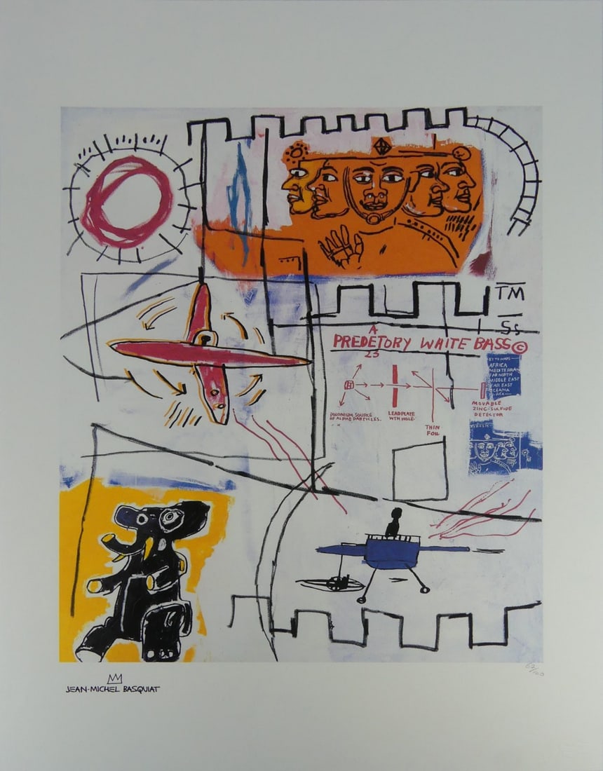 JEAN-MICHEL BASQUIAT 'ALPHA PARTICLES' LITHOGRAPH: Jean-Michel Basquiat ' Alpha Particles' lithograph. Signed in the plate lower left. Numbered in pencil 67/100 and holds blindstamp lower right. Sheet measures 27 5/8" x 19 5/8".