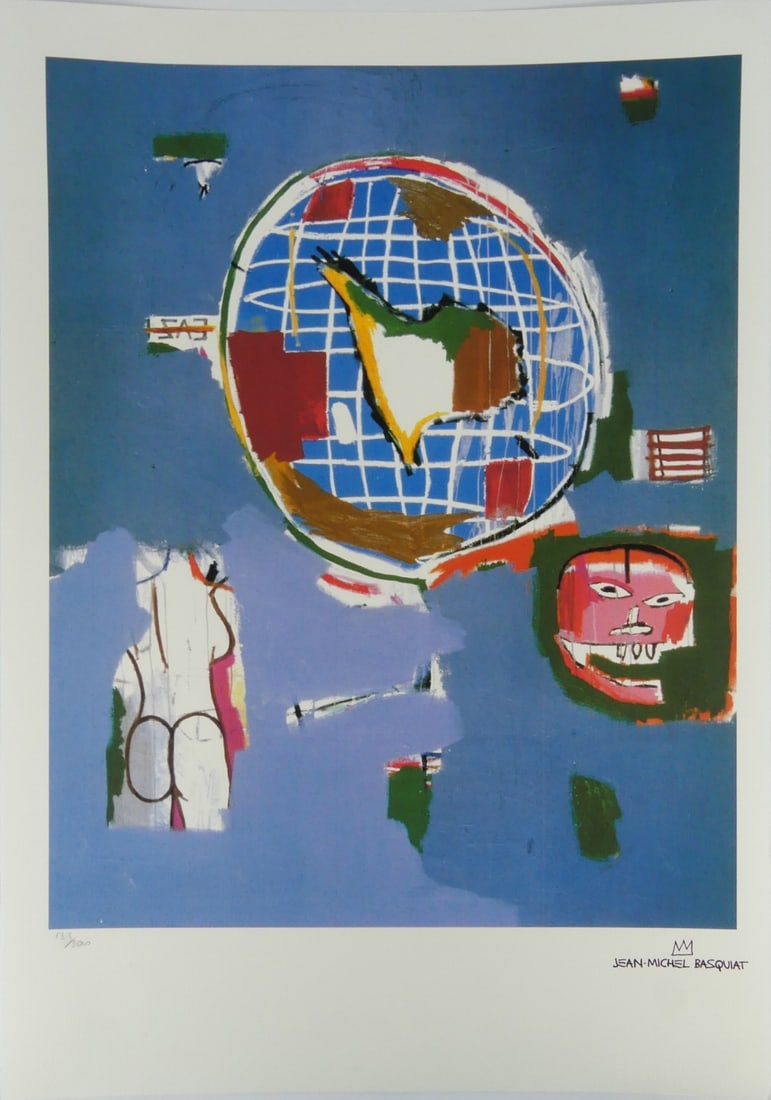 JEAN-MICHEL BASQUIAT 'WORLD' LITHOGRAPH: Jean-Michel Basquiat 'World' lithograph. Signed in the plate lower right. Numbered in pencil 133/300 and holds blindstamp lower left. Sheet measures 27 5/8" x 19 3/8".