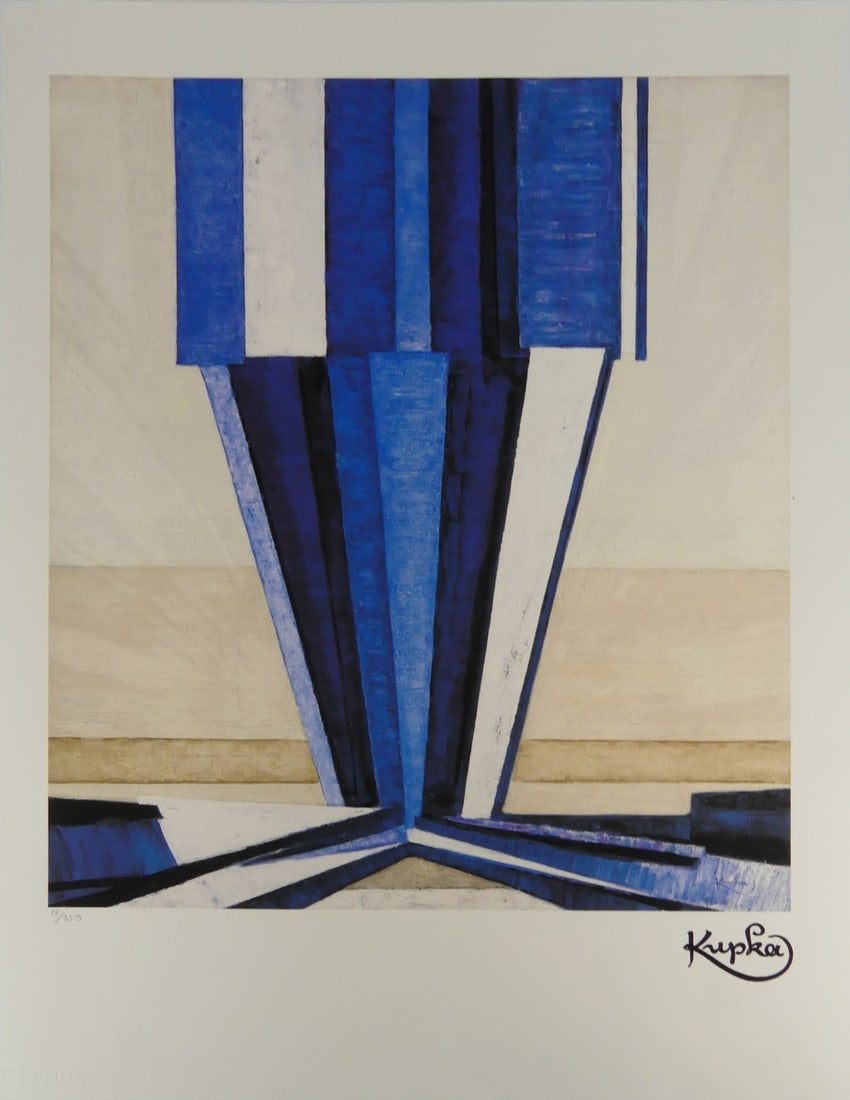 FRANTISEK KUPKA 'LA FORME DU BLEU' LITHOGRAPH: Frantisek Kupka "La Forme du Bleu " lithograph. Signed in the plate lower right. Numbered in pencil 18/350 lower left and holds blindstamps lower edge. Sheet measures 27 1/2" x 15 1/8".