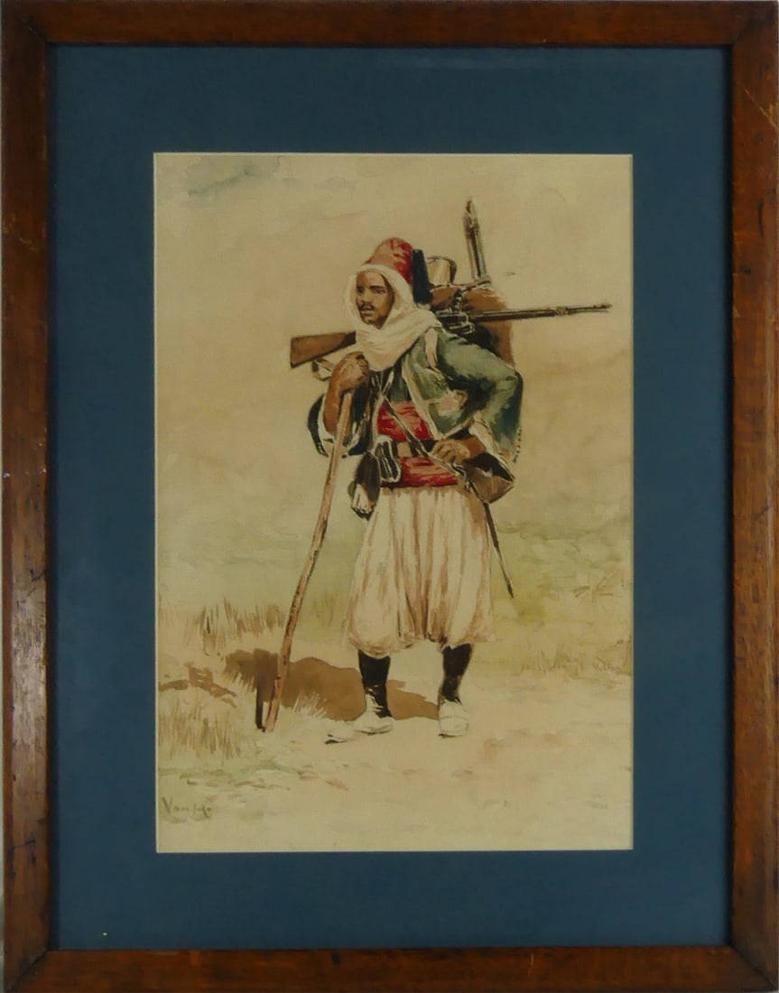 FRENCH ALGERIAN ZOUAVE WATERCOLOR AFTER REMINGTON: Watercolor painting on paper depicting a French Algerian Zouave after Frederic Remington. Signed Von H. (?) lower right. Viewable measures 14" x 9 1/2". Frame measures 20" x 15 1/2" x 1".