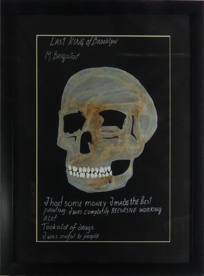 JEAN MICHEL BASQUIAT [AFTER] 'SKULL' PAINTING: Mixed media painting on black paper depicting a skull after Jean Michel Basquiat. Signed and inscribed 'Last King of Brooklyn' upper left. Viewable measures 19" x 12 1/4". Frame measures 25 1/2" x 19"