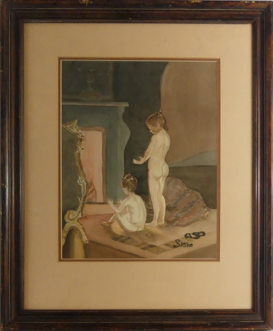 SIGNE CREMENT WATERCOLOR PAINTING ON PAPER: Watercolor and pencil on paper depicting two nude children beside a fireplace. Signed Signe lower right. Signed Signe Crement and dated 1983 to verso. Viewable measures 13 1/2" x 10 1/2". Frame measur
