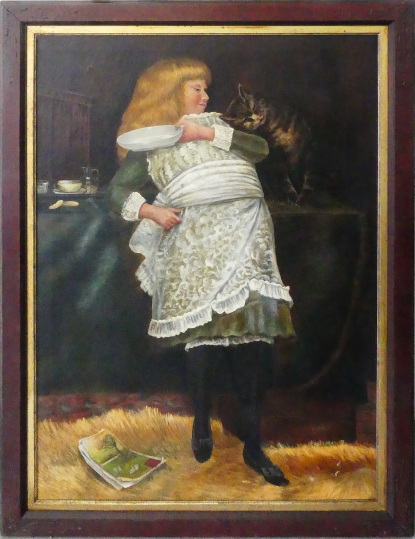 ANTIQUE OIL PAINTING ON CANVAS 'GIRL WITH CAT' (1 of 5)