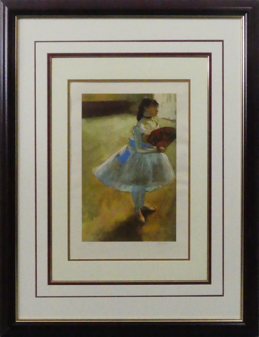 EDGAR DEGAS 'DANCER WITH A FAN' LITHOGRAPH: After Edgar Degas 'Dancer with a Fan' offset lithograph. Pencil signed lower right. Marked E/A lower left. Viewable measures 18 3/4" x 12 1/2". Frame measures 35 1/2" x 27" x 1 1/4".