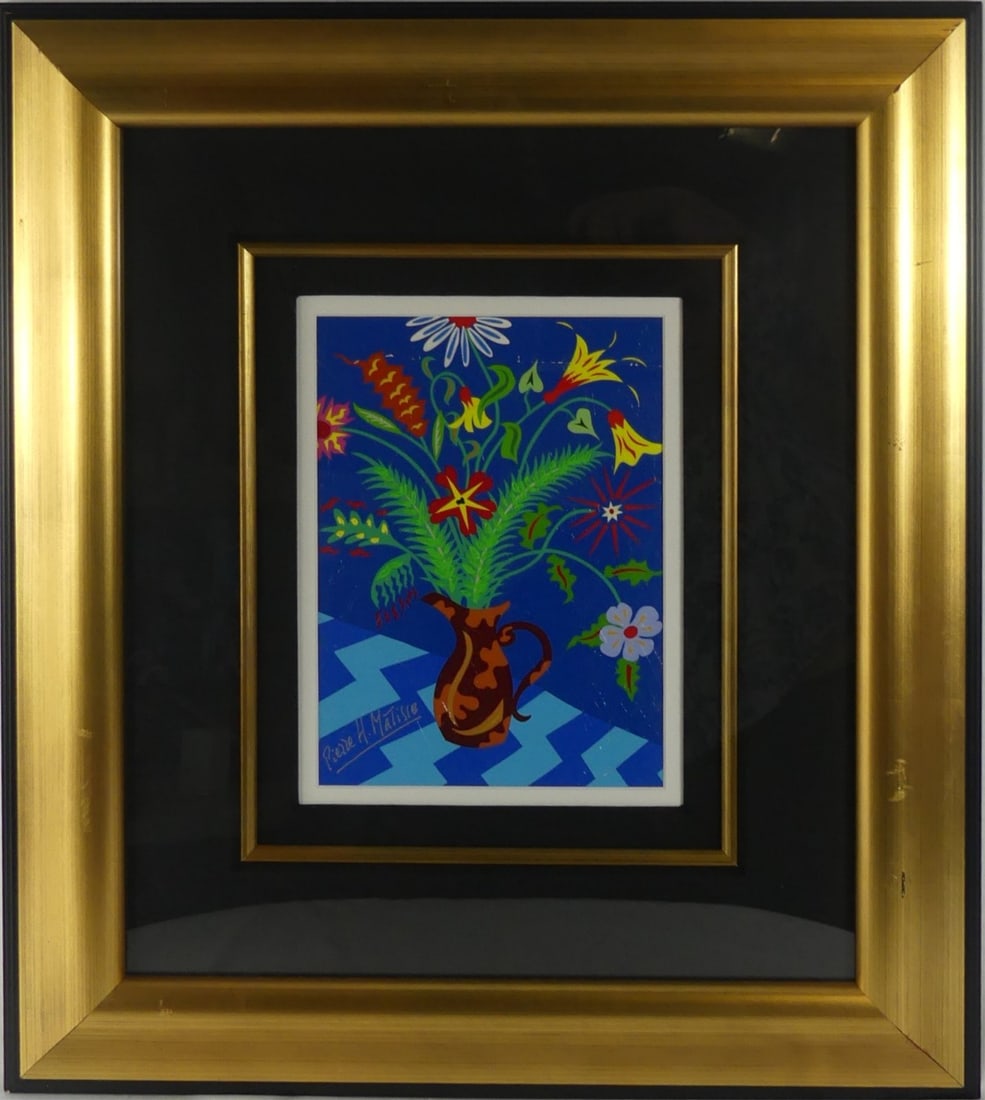 PIERRE MATISSE 'FLEURS DU PRINTEMPS' MIXED MEDIA: Pierre Henri Matisse 'Le Fleurs du Printemps' mixed media on paper. Hand signed lower left. Viewable measures 11 1/2" x 8 1/2". Frame measures 27 1/2" x 24 1/4".