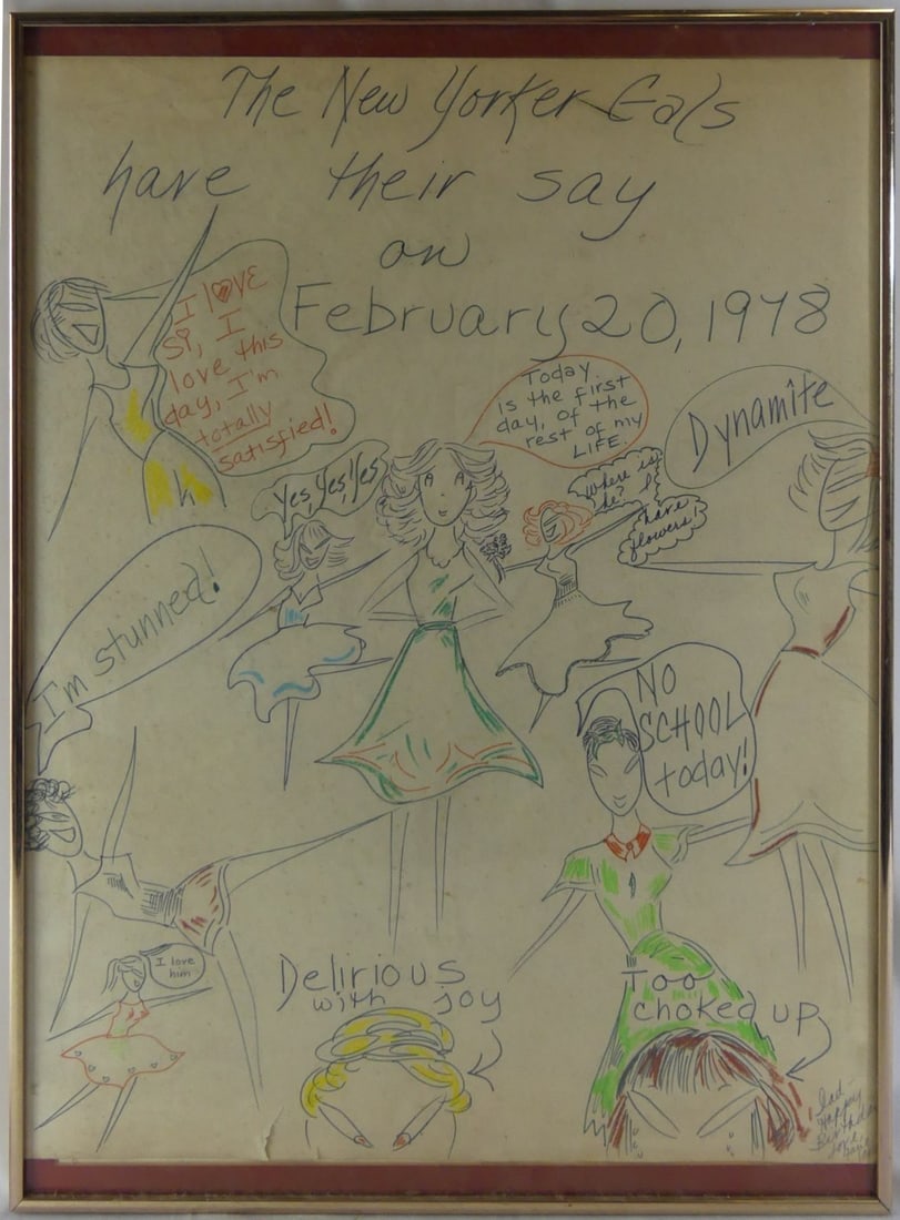 'NEW YORKER GALS HAVE THEIR SAY' DRAWING: Mixed media drawing on paper 'New Yorker Gals have their say on February 20, 1978'. Dedicated lower right. Frame measures 28 1/4" x 20 1/4".
