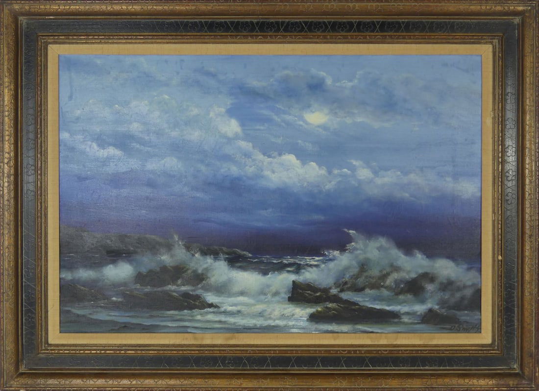 MOONLIT SEASCAPE OIL PAINTING ON CANVAS SIGNED (1 of 7)