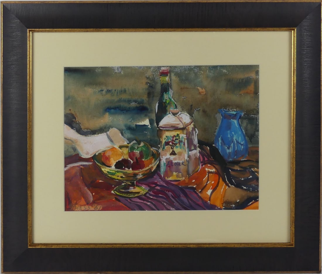HESS STILL LIFE WATERCOLOR PAINTING ON PAPER: Still life watercolor painting on paper depicting a still life with fruit, flour and wine. Signed Hess and dated 1961 lower left. Viewable measures 13 1/4" x 10". Frame measures 21 3/4" x 18 3/4".