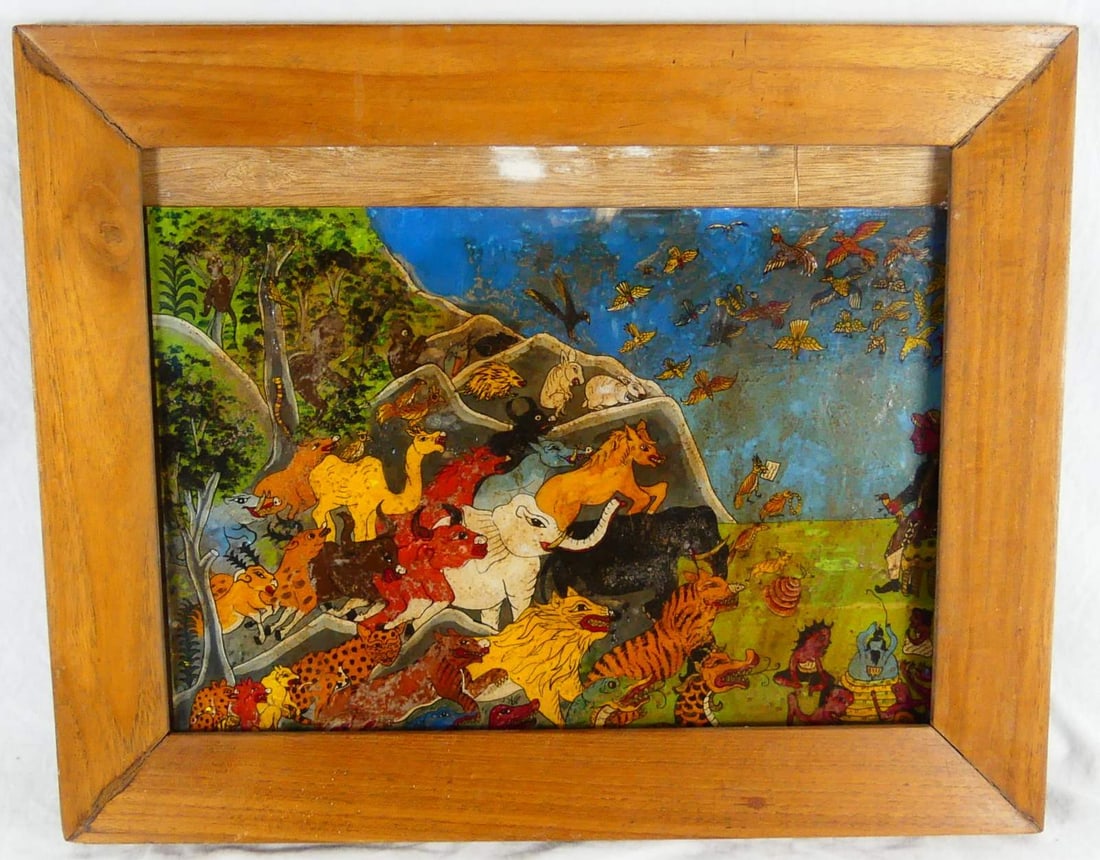 SOUTHEAST ASIAN REVERSE PAINTING / GLASS w ANIMALS (1 of 4)