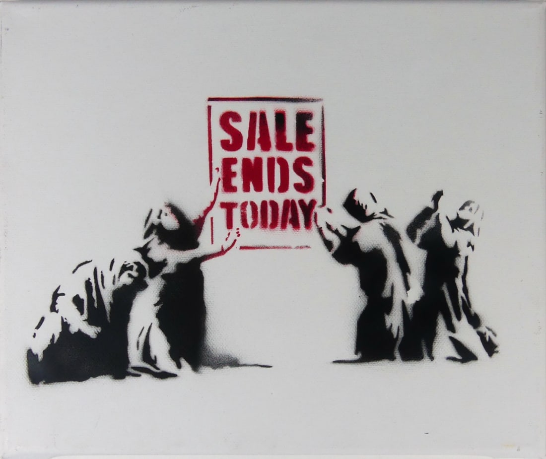 BANKSY 'SALE ENDS TODAY' STENCIL ON CANVAS: Stencil painting on canvas titled 'Sale Ends Today' attributed to Banksy. Signed to lower left edge. Dismaland stamp to verso. Acquired from Dismaland, Weston Super Mare. Canvas measures 11 7/8" x 9 5