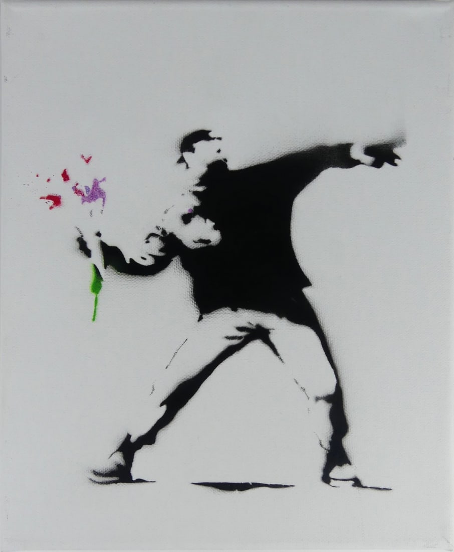 BANKSY 'FLOWER THROWER' STENCIL ON CANVAS (1 of 9)