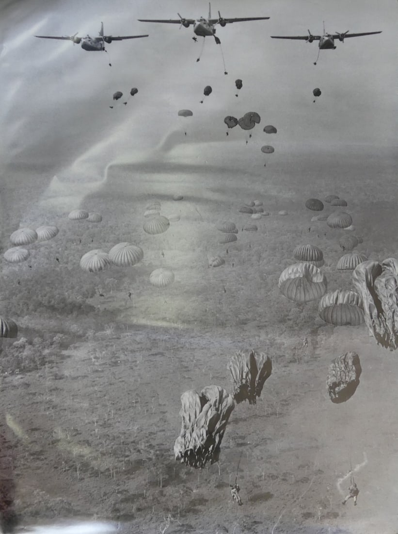 OPERATION PHI HOA II VIETNAM PHOTO PRINT: Vietnamese paratroopers jump from USAF C-123 transports during Operation Phi Hoa II, a tactical air-ground envelopment strike against Viet Cong in the Tay Ninh Province of South Vietnam. Photo taken M