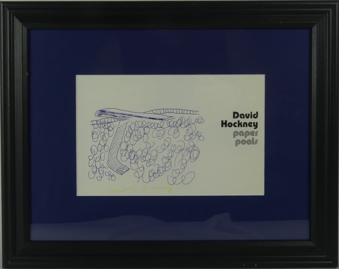 DAVID HOCKNEY 'PAPER POOLS' INK DRAWING ON PAPER: Ink drawing on paper depicting a pool with diving board attributed to David Hockney. Signed lower left in crayon. Viewable measures 8 1/4" x 5 1/4". Frame measures 15" x 12".