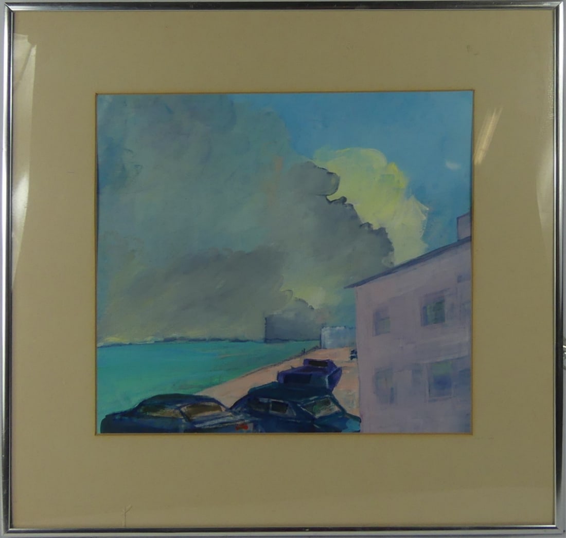 MIXED MEDIA PAINTING ON PAPER 'CARS ALONG RIVER': Unknown artist mixed media painting on paper depicting a building with cars parked beside a body of water. Viewable measures 11 1/2" x 10 1/4". Frame measures 17 1/4" x 16 1/4".