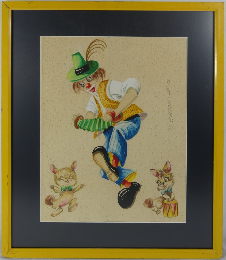 RED SKELTON 'CLOWN w ACCORDION' ACRYLIC ON PAPER: Red Skelton acrylic on paper depicting a clown with accordion and two small dogs(?) Signed in pencil and dated 1986. Viewable measures 15 1/4" x 11 1/8". Frame measures 21 1/4" x 17 1/4".