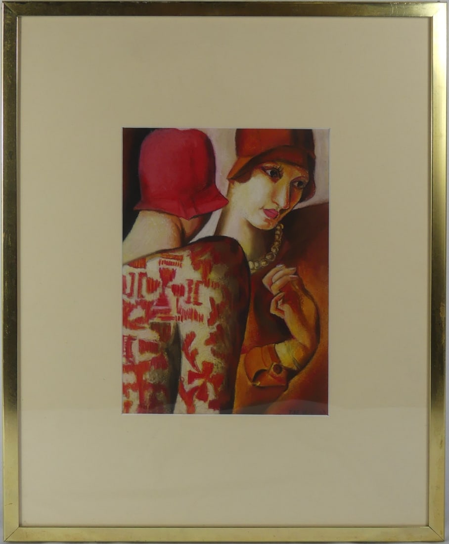 AFTER TAMARA DE LEMPICKA 'LES AMIES' PASTEL: After Tamara de Lempicka pastel drawing on paper. Titled 'Les Amies'. Signed lower right. Label and stamp to verso. Viewable measures 11" x 7 3/4". Frame measures 21" x 17".