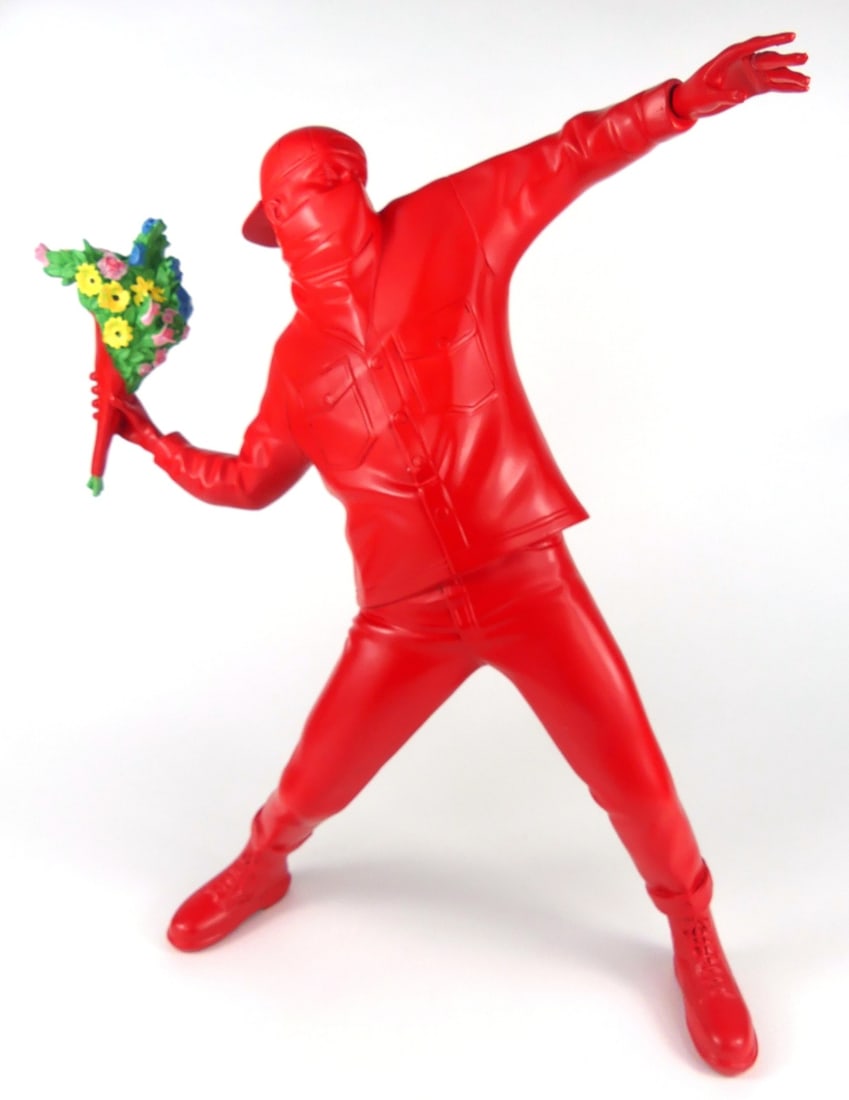 BANKSY FLOWER THROWER RED POLYSTONE SCULPTURE (1 of 10)
