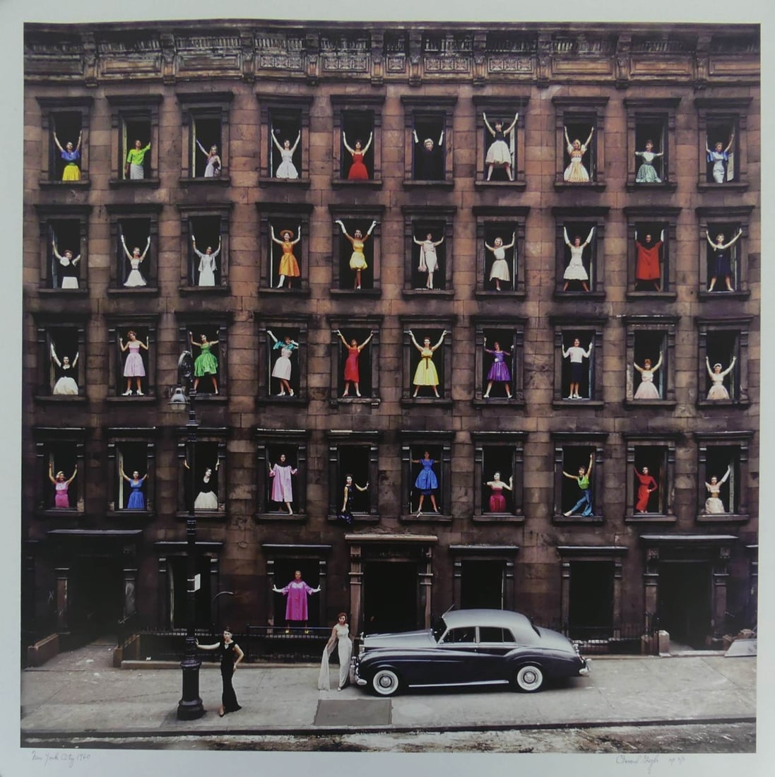 ORMOND GIGLI 'GIRLS IN THE WINDOWS' LITHOGRAPH: After Ormond Gigli 'Girls in the Windows' offset lithographic poster. Signed and numbered in the plate lower right. Dated 1960 in the plate lower left. Sheet measures 22" x 21 3/4".