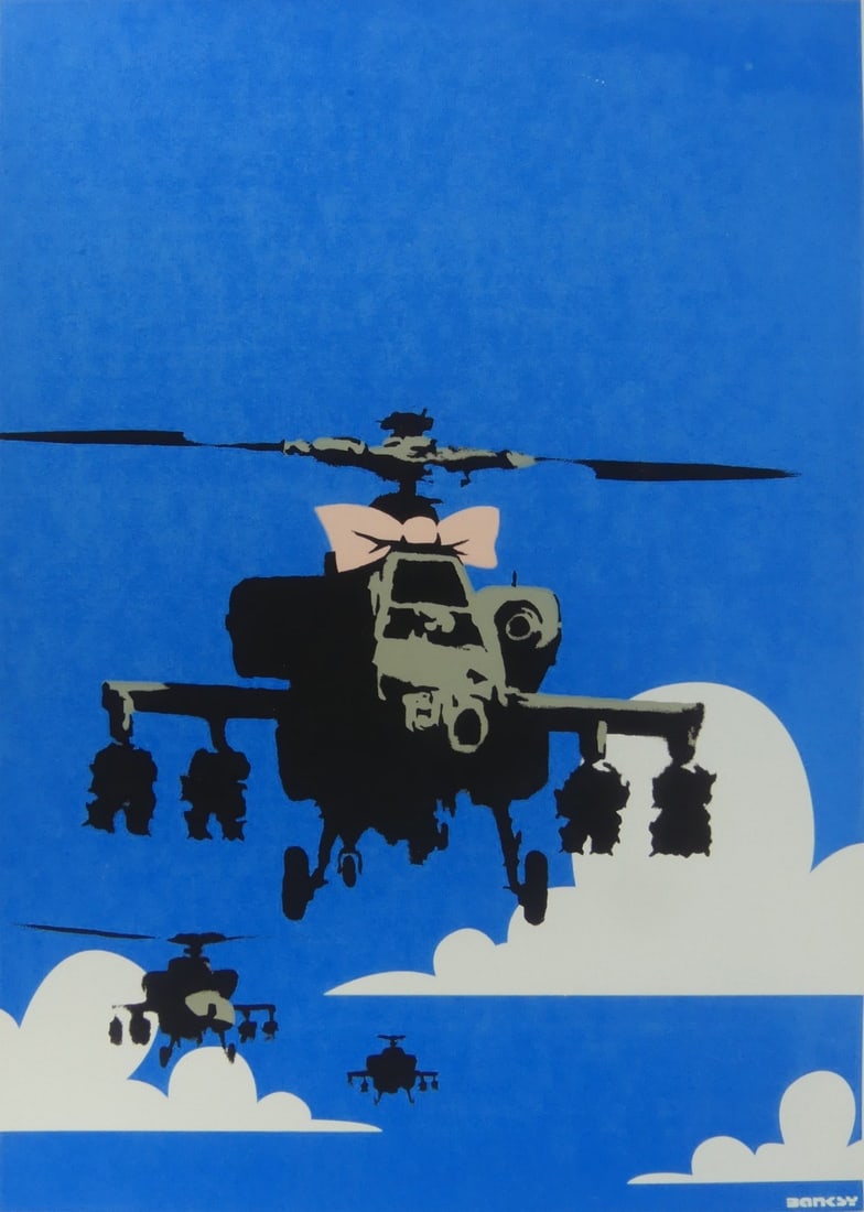 BANKSY 'HAPPY CHOPPERS' NUMBERED PRINT: Banksy 'Happy Choppers' print in colors on wove paper. Numbered in pencil 269/750 lower right. Sheet measures 27 1/4" x 19 1/2".