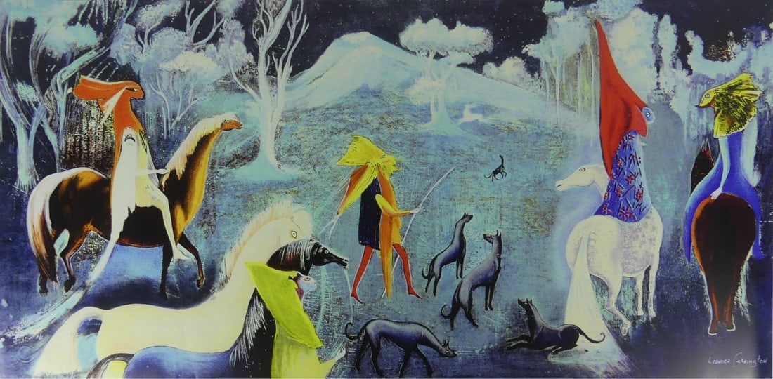 LEONORA CARRINGTON 'FIGURAS FANTASTICAS A CABALLO': Leonora Carrington 'Figuras Fantasticas a Caballo' print in colors. Signed in the plate lower right. Sheet measures 40" x 20".