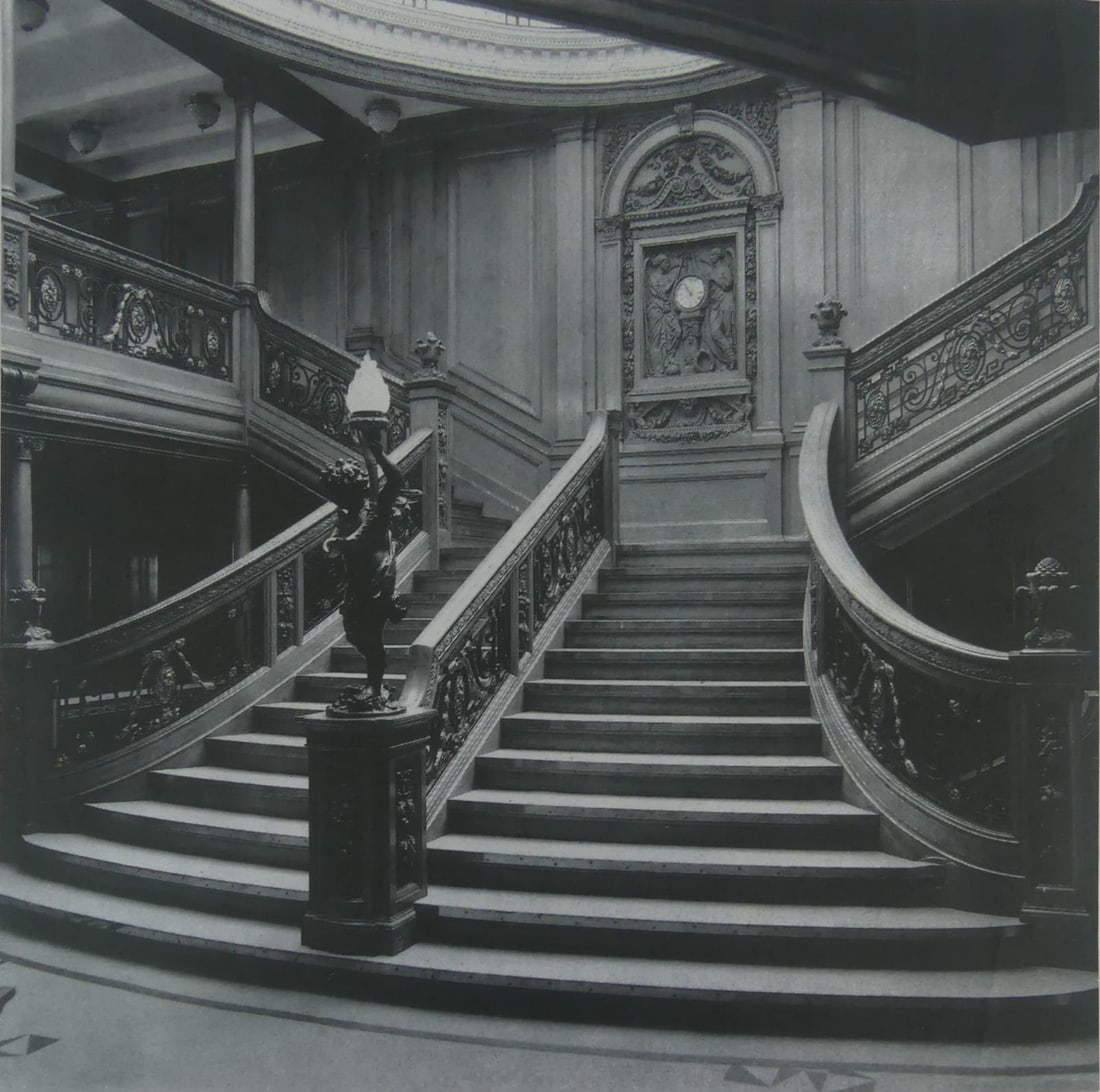 RMS OLYMPIC (TITANIC SISTER SHIP) GRAND STAIRCASE: RMS Olympic Grand Staircase photo print. Sheet measures 24" x 24".