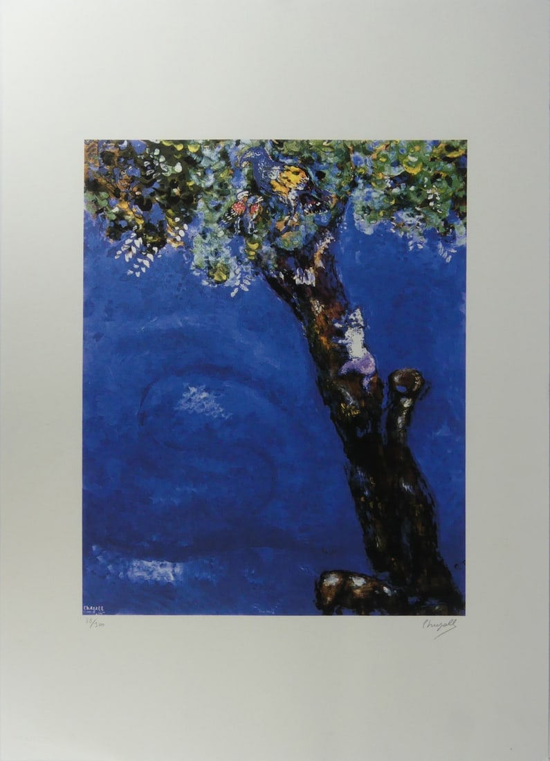 MARC CHAGALL 'CAT IN THE TREE' LITHOGRAPH: After Marc Chagall 'The Cat in the Tree' lithograph. Pencil signed lower right. Numbered in pencil 88/300 and holds blindstamp lower left. Sheet measures 27 5/8" x 19 5/8".